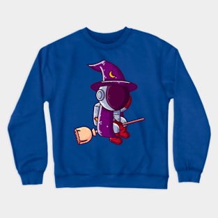 Cute Astronaut Witch Flying Broom Halloween Cartoon Crewneck Sweatshirt